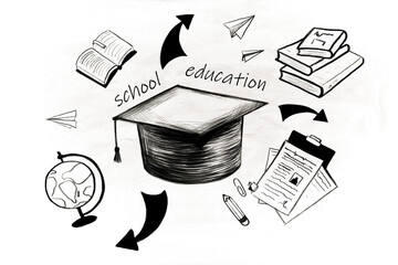 Aufkleber - Graduation cap surrounded by books, globe, paper planes, and stationery on a clean white background. Concept of education and school. 3D Rendering.