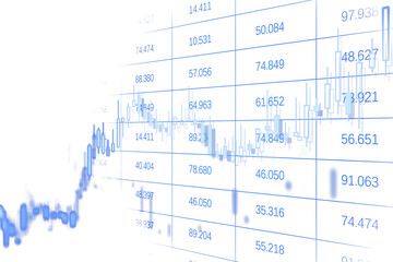 Poster - Blue candlestick financial chart on white grid background, displaying market data trends and analytics, representing digital finance concepts. 3D Rendering.