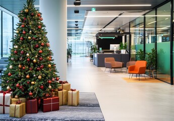 Wall Mural - modern office decorated with a christmas tree and holiday gifts