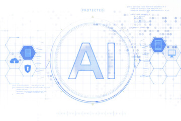 Aufkleber - AI text in a digital blue hologram style, surrounded by tech icons and hexagonal patterns, on a white background. Concept of virtual technology. 3D Rendering.