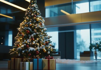 Wall Mural - holiday spirit in the office with a christmas tree and wrapped gifts