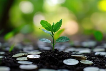 Wall Mural - Young plant growing from stack of coins rich soil financial growth concept