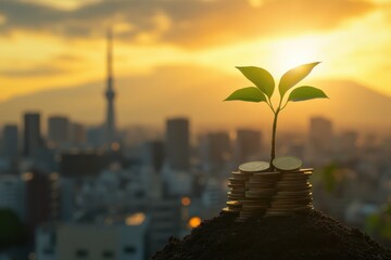 Wall Mural - Young plant growing from stack of coins rich soil financial growth concept