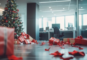 Wall Mural - christmas tree and festive gifts in a contemporary office