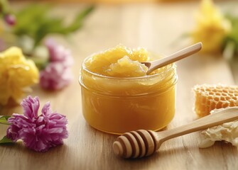 Jar of honey with wooden dipper on rustic table