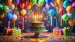 © Four888 - A Surreal 3D Illustration of a Joyful Birthday Party Featuring Colorful Balloons, Streamers, and a Delicious Cake with Candles, Capturing the Essence of Celebration and Happiness