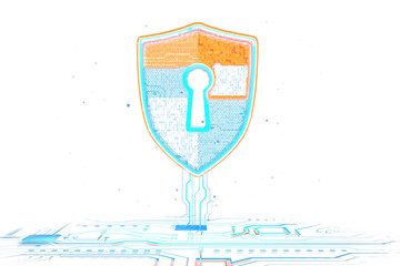 Poster - Digital shield with keyhole design, binary code, glowing neon lines, white background. Concept of cybersecurity and data protection. 3D Rendering.