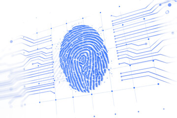 Wall Mural - Blue fingerprint with digital circuit-style lines on white background, holographic style, secure identity concept, 3D rendering