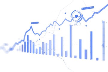 Fototapete - 3D rendering of blue financial line graphs and bar charts on a white background, representing data analysis and virtual financial concepts