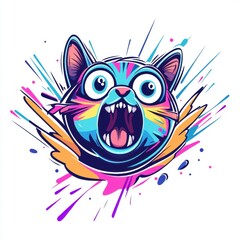 Wall Mural - Colorful graphic illustration of a surprised cat with vibrant splashes.