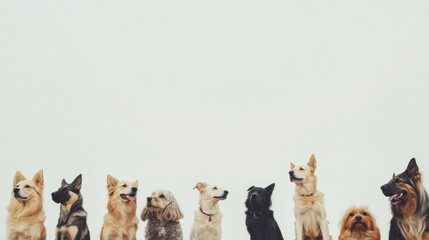 Poster - A cheerful gathering of dogs of various breeds and sizes patiently sitting together, showcasing their unique personalities and features. Generative AI