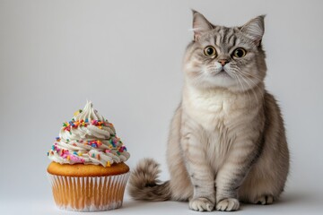 A fluffy cat sits beside a colorful cupcake, creating a delightful scene.