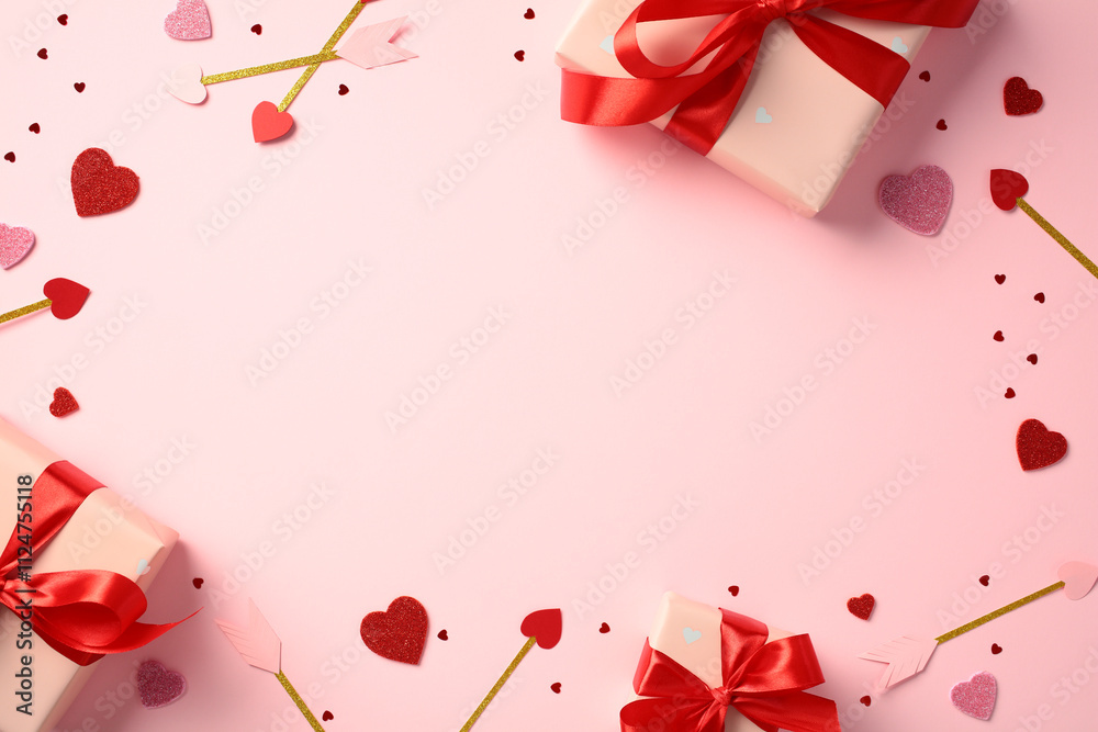 Happy Valentines Day banner design. Flat lay pink gift boxes wrapped in ...