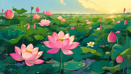 Wall Mural - Pink Lotus Flowers in a Pond