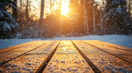 Aufkleber - A rustic wooden table catches the warm glow of the setting sun while delicate snowflakes softly drift down, creating a serene winter atmosphere in the outdoors