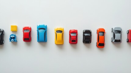 Aufkleber - Brightly colored toy cars, blocks, and dolls arranged on a white surface, offering ample blank space for creative text or design. Generative AI