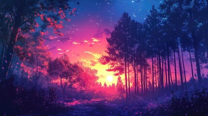Poster - a wonderful and peaceful dusk scene of a forest, anime manga art, technology