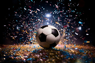 Wall Mural - Soccer ball surrounded by colorful confetti on sparkling ground