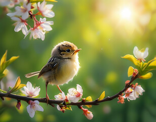 Wall Mural - Small bird sitting on a branch with white flowers