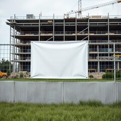 Wall Mural - Blank white banner for advertisement on a fence of a building under construction banner mockup advertising blank business display template