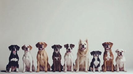 Poster - A diverse group of dogs, including various breeds and sizes, sits calmly together, ready for a fun and lively moment, with clear space for text. Generative AI