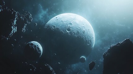 Wall Mural - a planet in space with several moons a blue, space planet galaxy