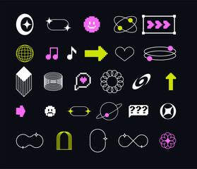 Fototapete - Pixels and geometric line elements set. Y2k trendy stickers. Mood of 90's aesthetics. 8-bit retro style vector illustration. Blue background. Simple geometric form, arrow, symbol, icon