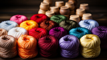 Colorful balls of wool on wooden table. Variety of yarn balls