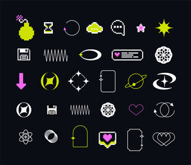 Fototapete - Pixels and geometric line elements set. Y2k trendy stickers. Mood of 90's aesthetics. 8-bit retro style vector illustration. Blue background. Simple geometric form, arrow, symbol, icon