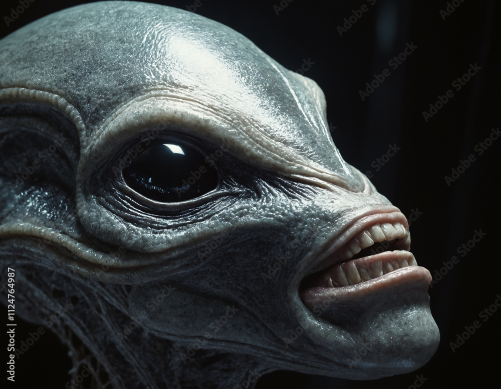 in the darkness the face the head of an alien creature, science fiction ...