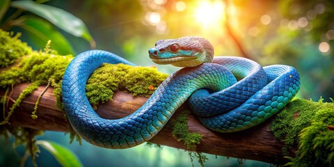 Canvas Print - Majestic Blue Viper Snake on Tree Branch - Stunning Nature Photography