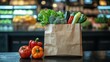 © Marykor - Mockup blank template craft package filled with vegetables in a grocery store setting. Eco friendly