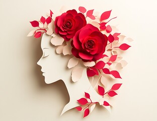 A paper cutout of the silhouette of an elegant woman's head, with red flowers and pink petals, womens day concept