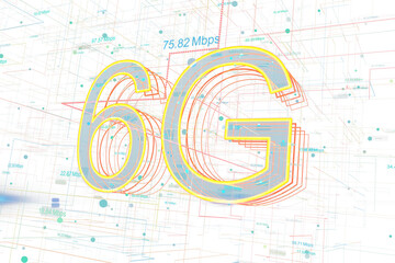 Aufkleber - Futuristic holographic 6G concept with neon outlines and digital grid elements, displayed on a clean white background, emphasizing innovation. 3D Rendering.