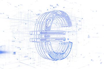 Poster - Euro symbol in blue with geometric lines and dots, 3D rendering, clean white background, concept of digital currency and technology