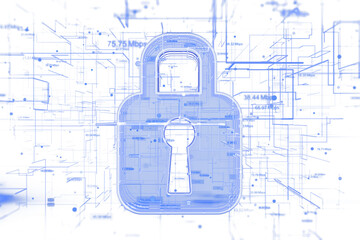 Fototapete - Blue holographic lock with digital network lines, wireframe style on white background, representing cybersecurity and online data protection concept. 3D Rendering.