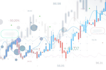 Poster - Transparent candlestick chart with blue and red data lines, white background, digital style, concept of forex and trading analysis. 3D Rendering.