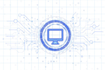 Aufkleber - Computer screen hologram with blue neon outline, futuristic circuit design, white grid background. Concept of virtual tech interface. 3D Rendering.