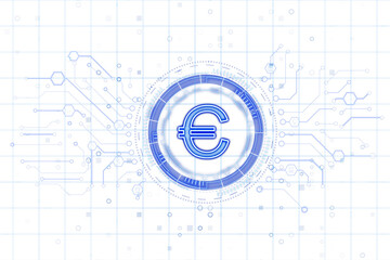 Poster - Blue euro symbol surrounded by holographic circuits and digital elements, white background, clean layout, futuristic finance concept. 3D Rendering.