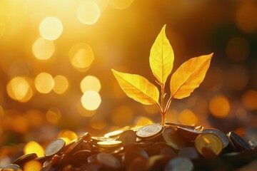 Wall Mural - young plant growing from coins symbolizing financial growth rich soil warm sunlight in the background