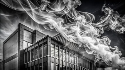 Poster - Black and White Architectural Photography Capturing the Ethereal Dance of Smoke in the Air, Highlighting Structure and Form in a Striking Monochrome Composition