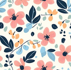 Wall Mural - A seamless pattern of pastel flowers and leaves, womens day concept