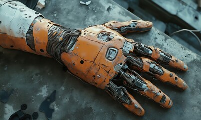 Poster - Robotic hand with intricate design and orange finish, showcasing mechanical components and wires, detailed textures and weathering effects