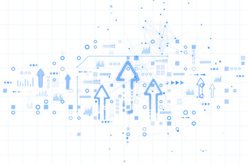 Poster - Blue neon arrows and tech icons on white grid background, digital virtual style, representing growth and futuristic technology concepts. 3D Rendering.
