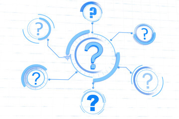 Fototapete - Five question marks in blue holographic style interconnected with virtual lines on a white background, representing search and solutions concept. 3D Rendering.