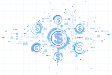 Aufkleber - Blue dollar icons surrounded by abstract data graphs, neon elements, and tech-style patterns on a clean white background, concept of finance. 3D Rendering.
