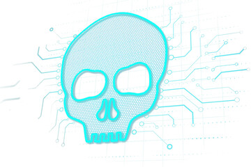 Poster - Digital skull with honeycomb pattern and neon blue outline, displayed on a white background with circuit lines. Concept of virtual tech. 3D Rendering.