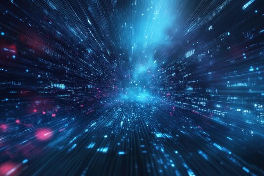 Digital lights create a sense of motion through a futuristic landscape filled with data