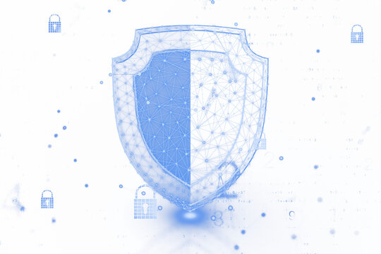 Blue wireframe shield split in two, surrounded by floating padlock icons and abstract dots, on white background. Concept of cybersecurity. 3D Rendering.