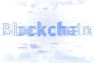 Poster - Digital blockchain text in blue holographic design, futuristic layout, on a white background, illustrating modern technology concepts. 3D Rendering.